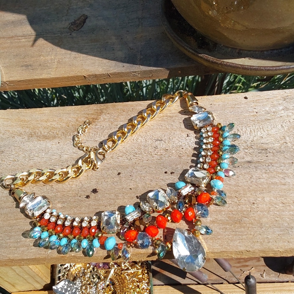 Chanel rhinestone With orange and turquoise beads gold tone